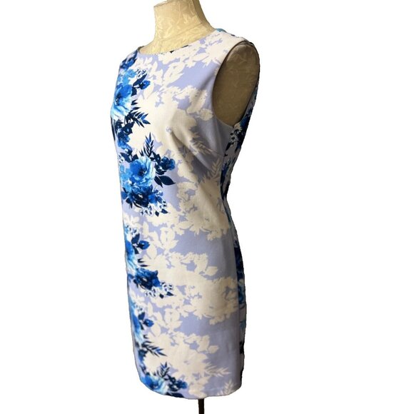 Donna Ricco Dress Blue White 10 Floral Stretch Sheath Washable Sleeveless - Picture 4 of 7